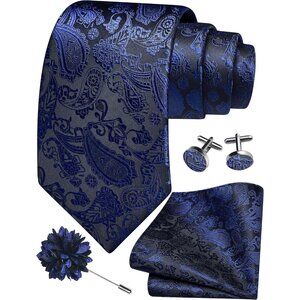 Men's Navy Blue 1 Paisley Tie And Lapel Pin Necktie Hankerchief Cufflinks Set
